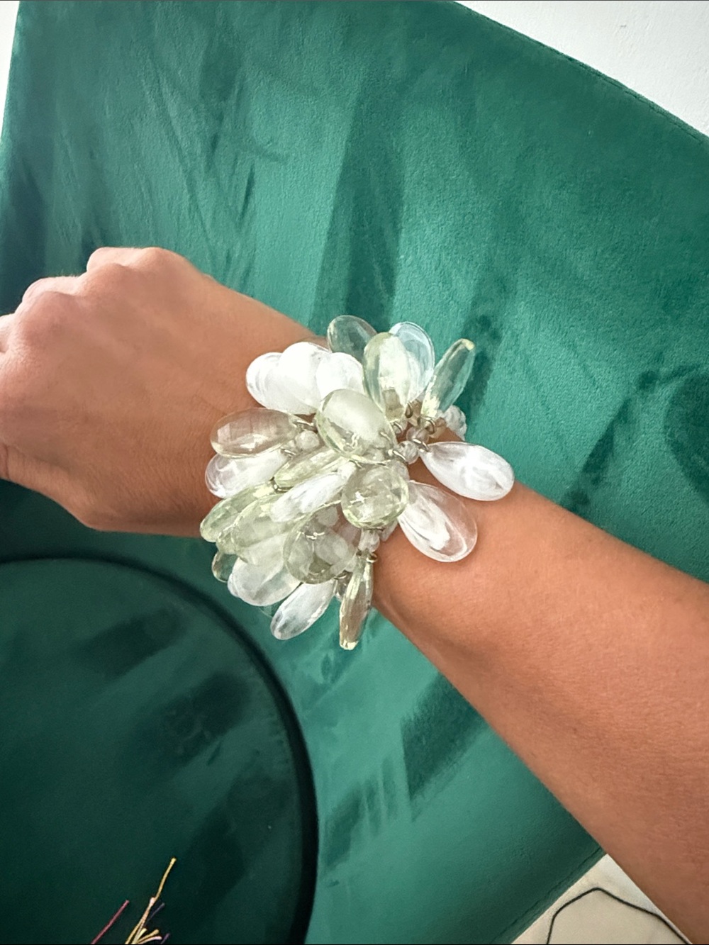 Chunky Clear & Pale Green Beaded Statement Bracelet - Stretch Beading